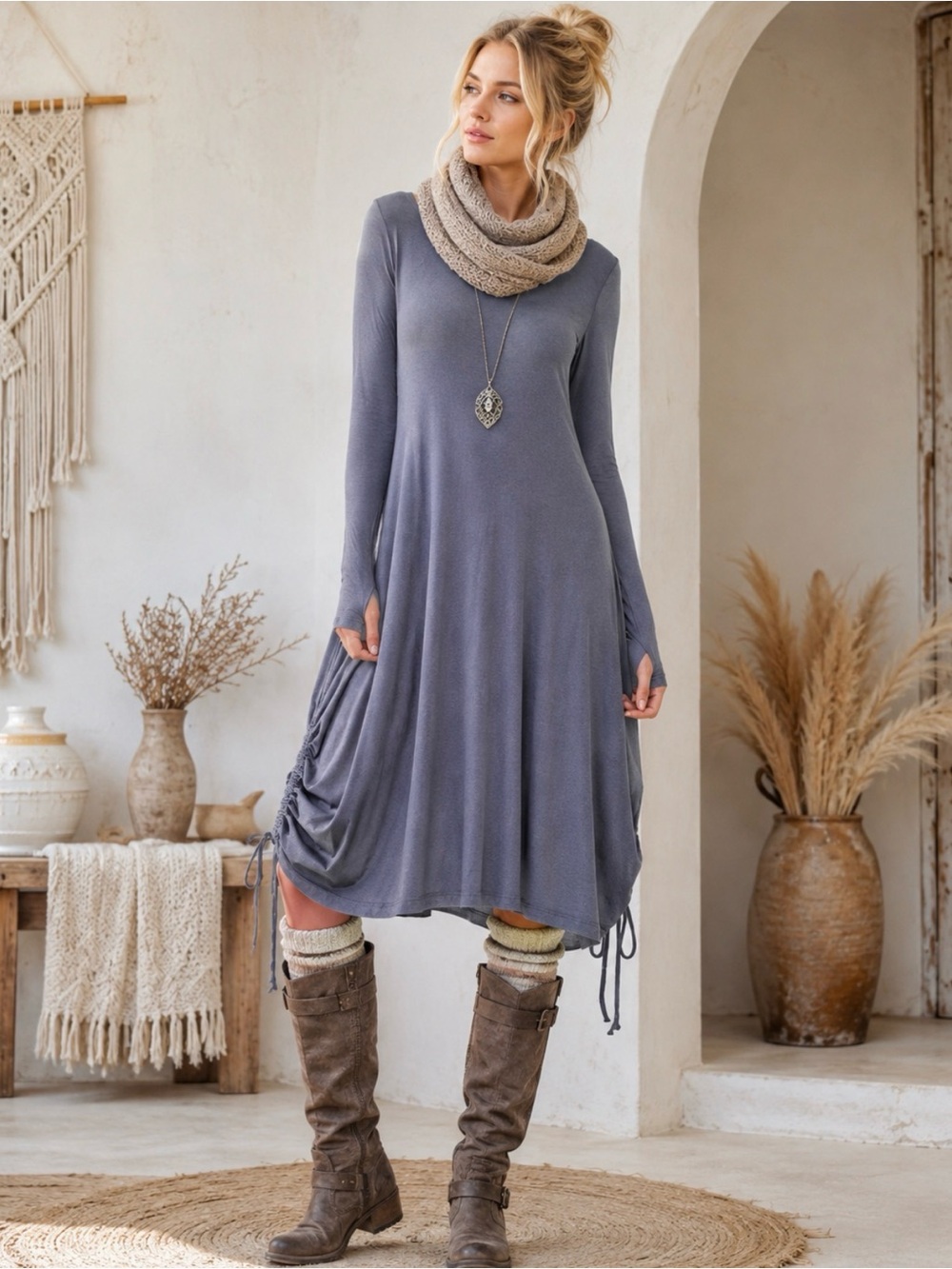 Gray Cotton Jersey Midi Dress Ruched Drawstring Boho Long Sleeve A-line Fits S M